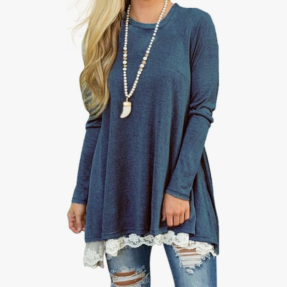WEKILI Women's Long Sleeve Lace Scoop Neck A-line Tunic Blouse - Picture 1 of 6